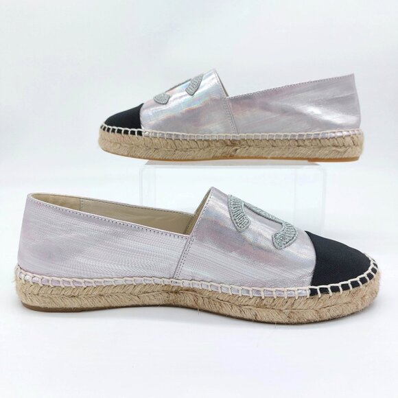 Chanel Espadrilles Laminated Lambskin Grosgrain Toe Caps Pink Silver Iridescent - Picture 5 of 12